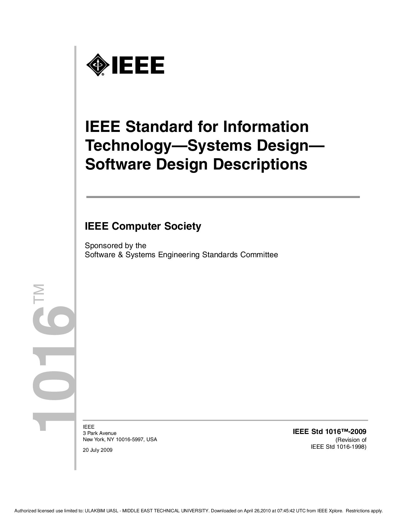 IEEE STD 1016-2009封面图