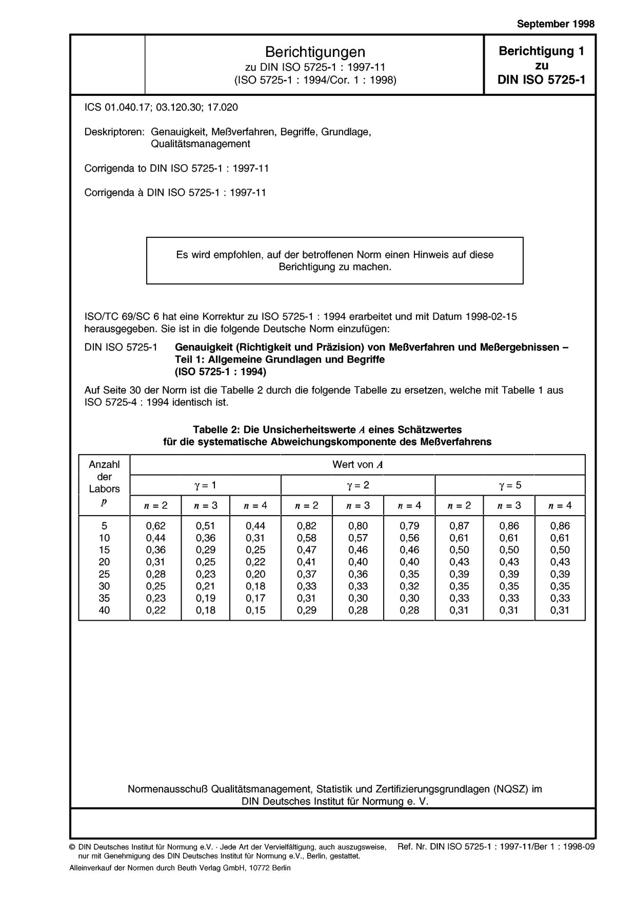 DIN ISO 5725-1 Berichtigung 1:1998封面图
