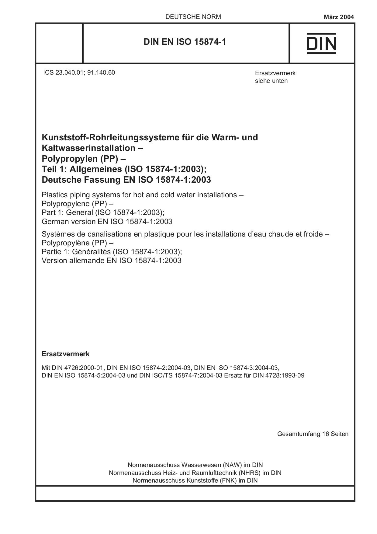 DIN EN ISO 15874-1:2004封面图
