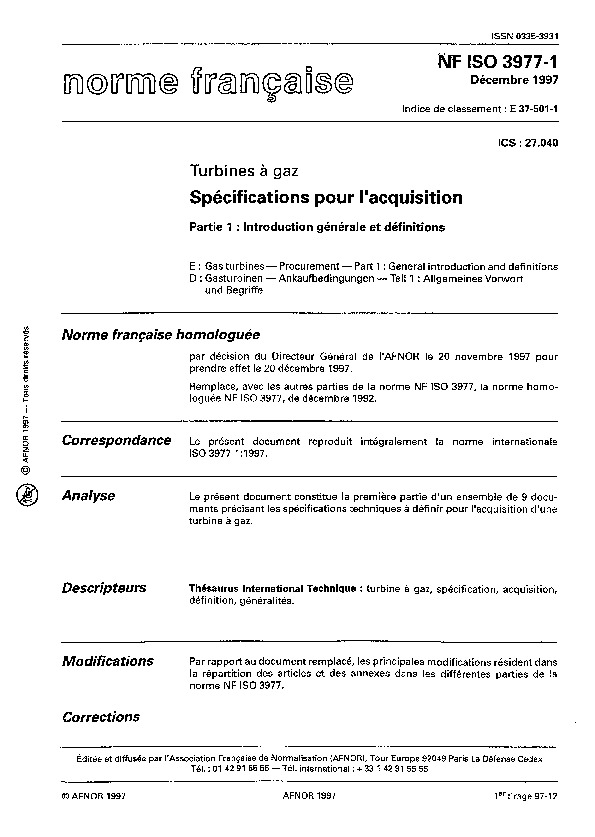 NF E37-501-1*NF ISO 3977-1:1997封面图