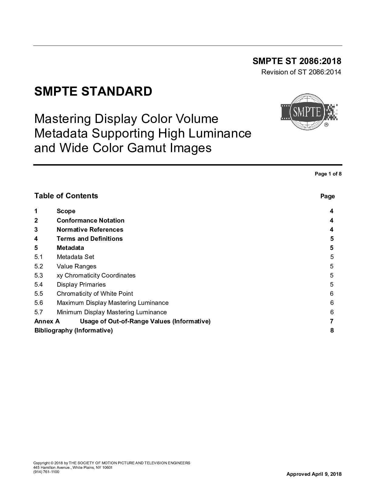 SMPTE ST 2086-2018封面图