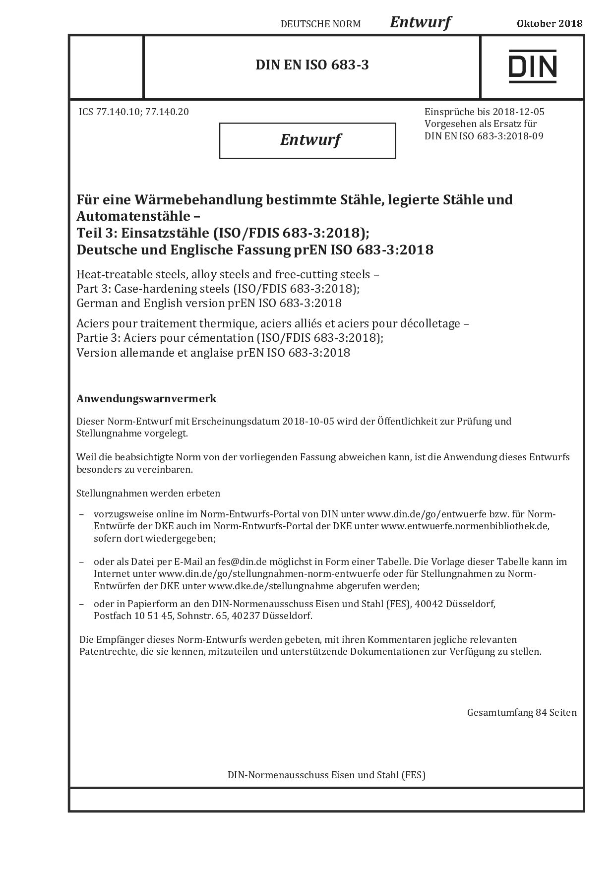 DIN EN ISO 683-3 E:2018-11封面图