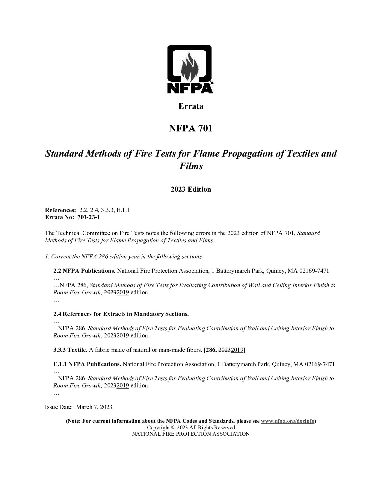 NFPA 701-2023 errata 1-2023封面图