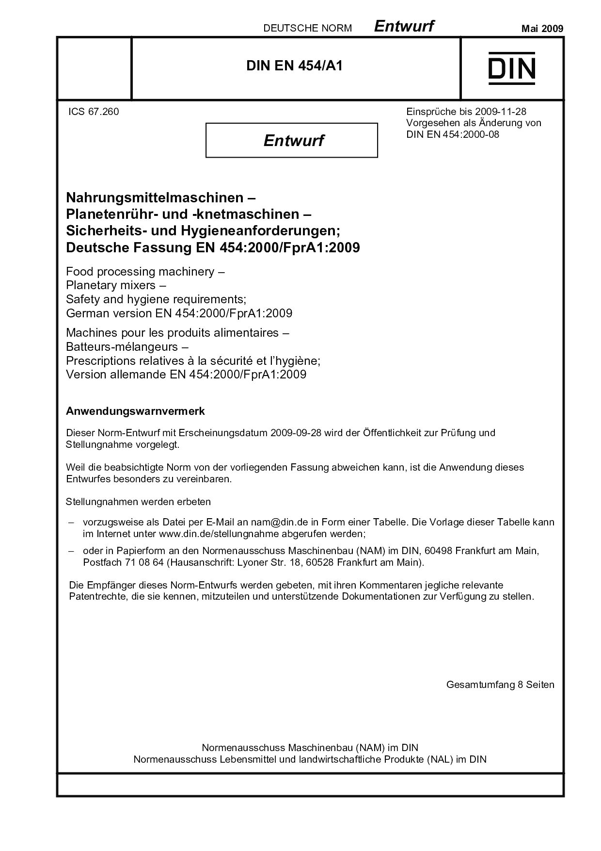 DIN EN 454 A-1 E:2009-05封面图