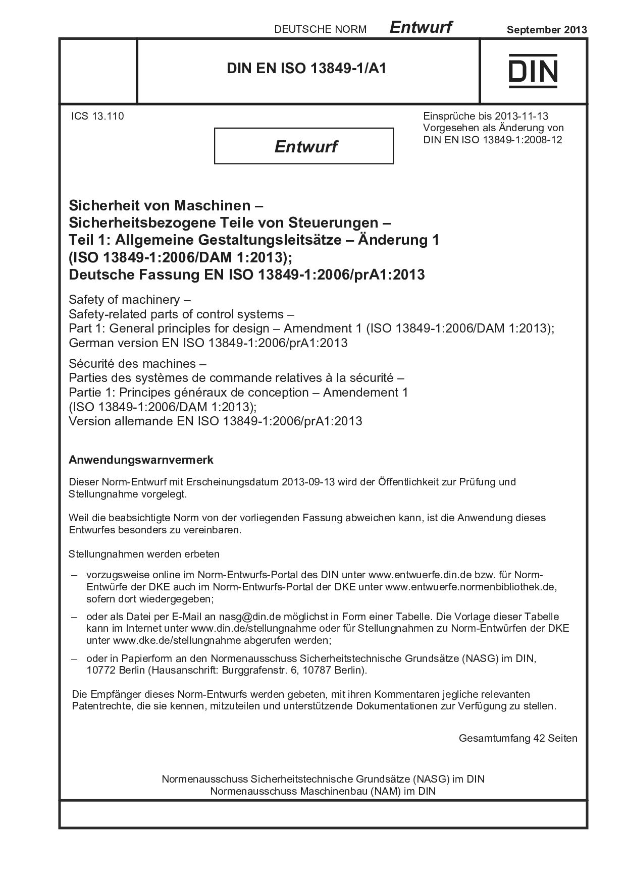DIN EN ISO 13849-1 A1 E:2013-09封面图