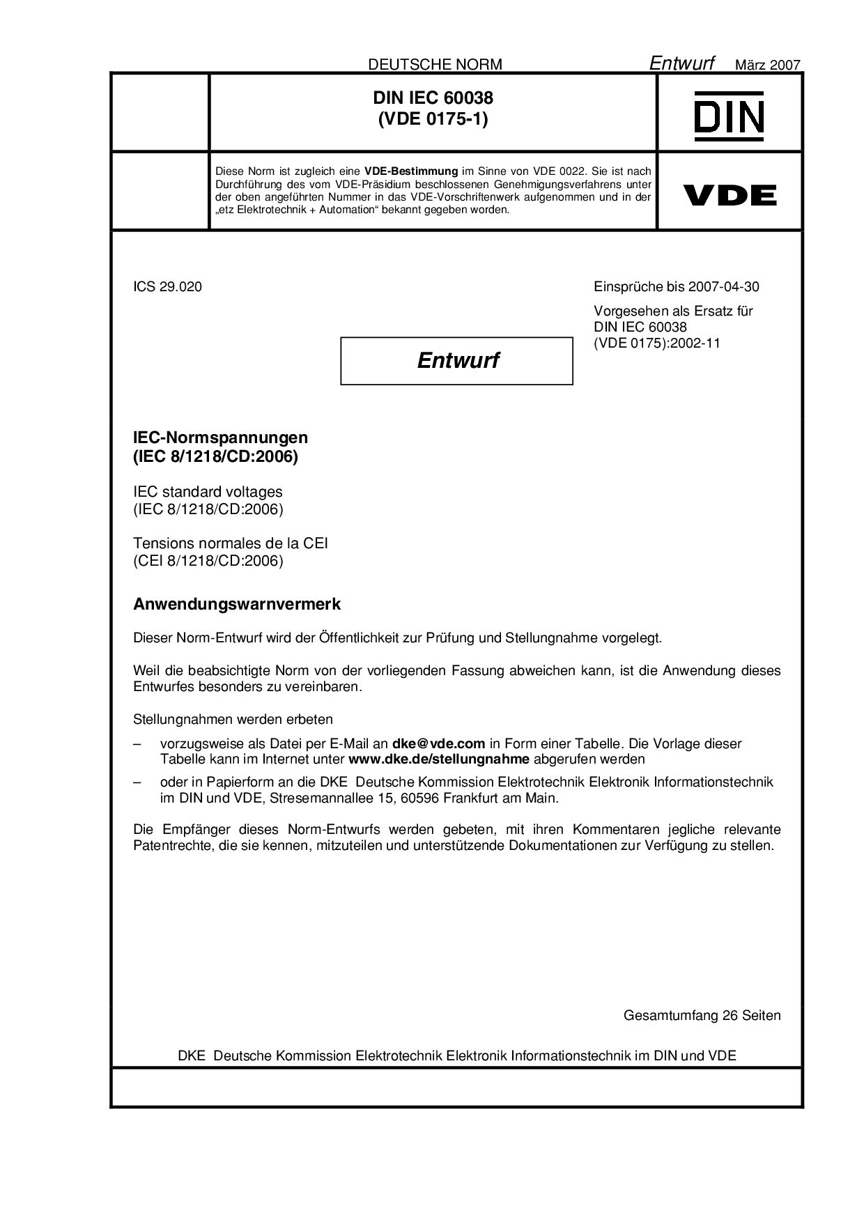 VDE 0175-1 E DIN IEC 60038:2007-03封面图