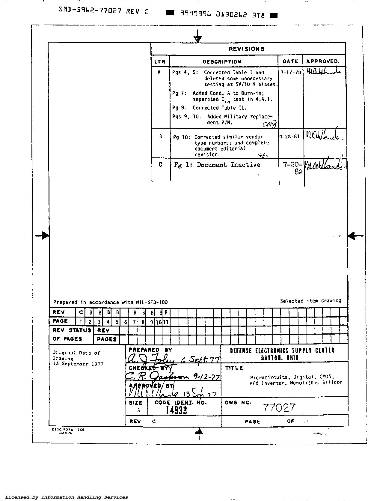 DLA SMD-5962-77027 REV C-1982封面图