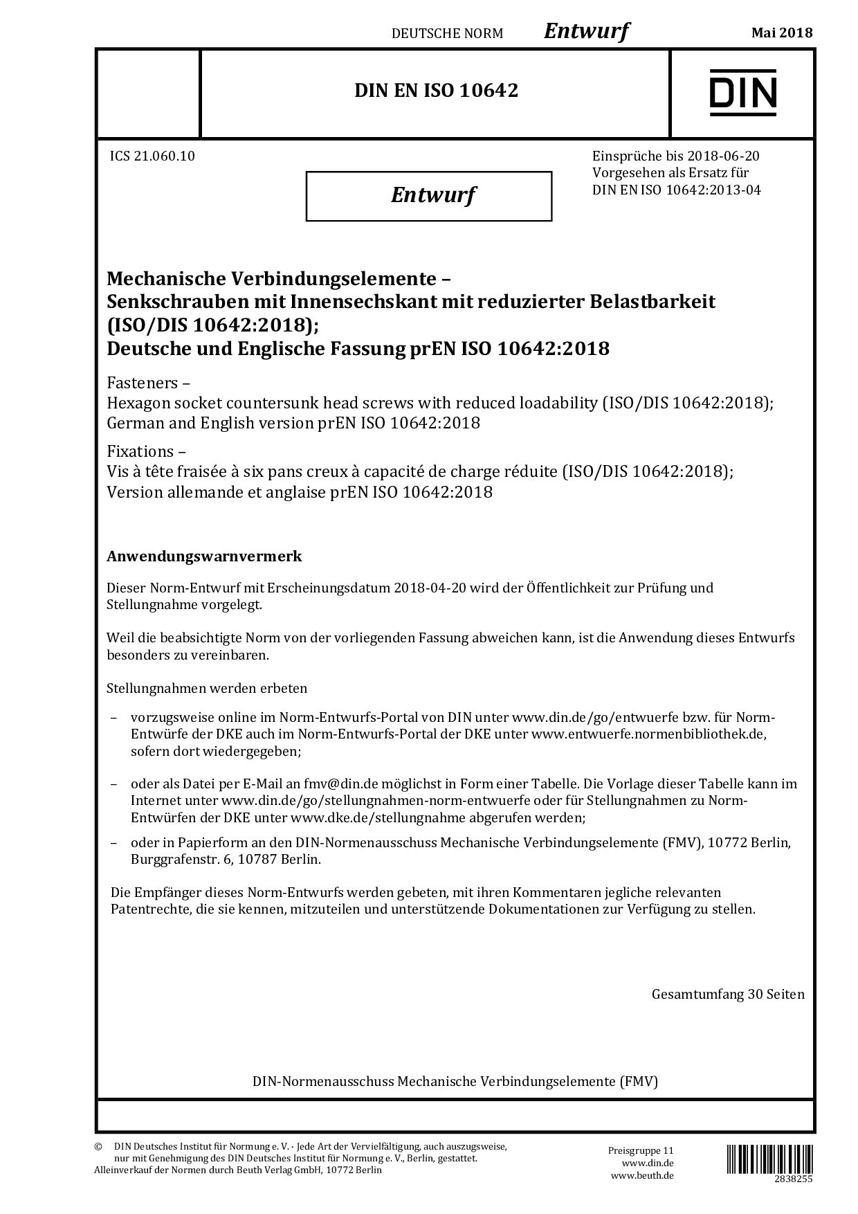 DIN EN ISO 10642 E:2018-05封面图