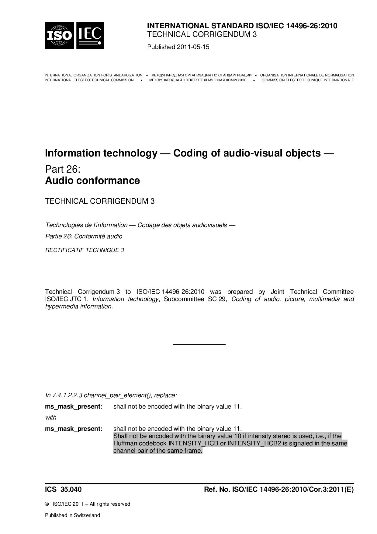 ISO/IEC 14496-26:2010/Cor 3:2011封面图