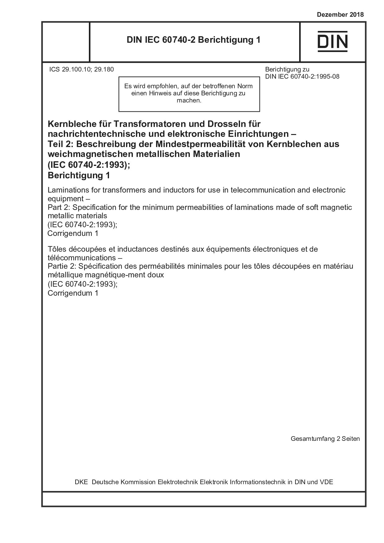 DIN IEC 60740-2 Berichtigung 1:2018-12