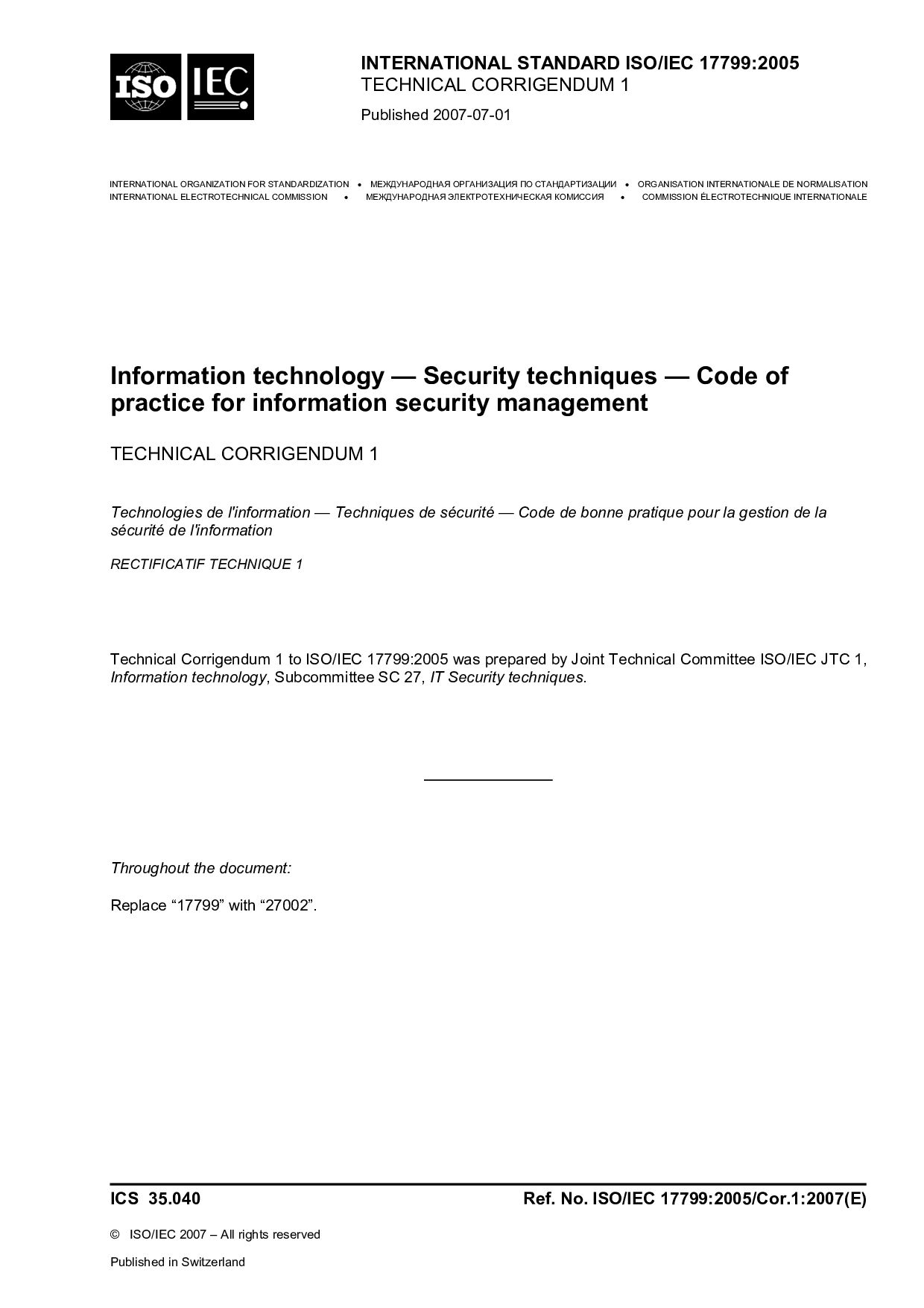 ISO/IEC 17799:2005/Cor 1:2007封面图
