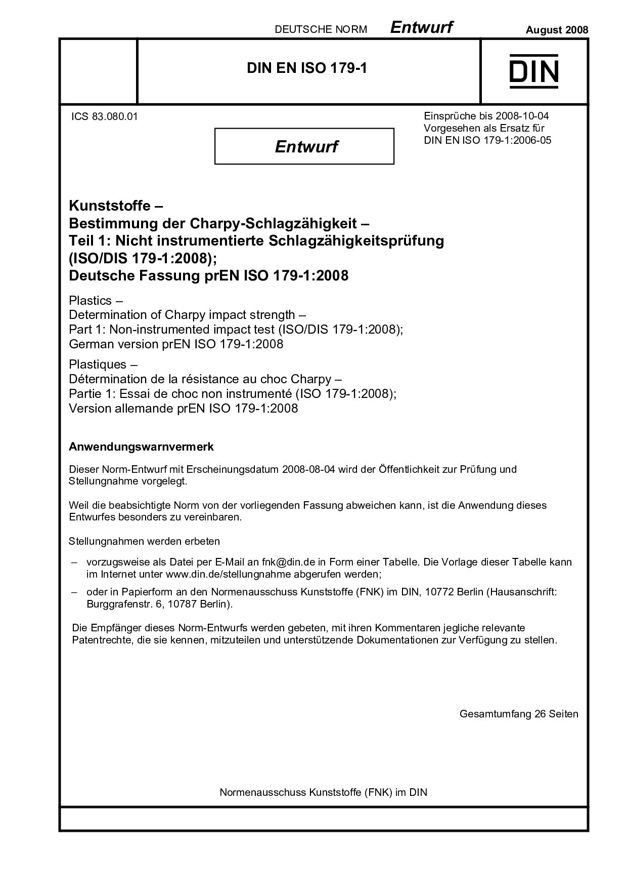 DIN EN ISO 179-1 E:2008-08