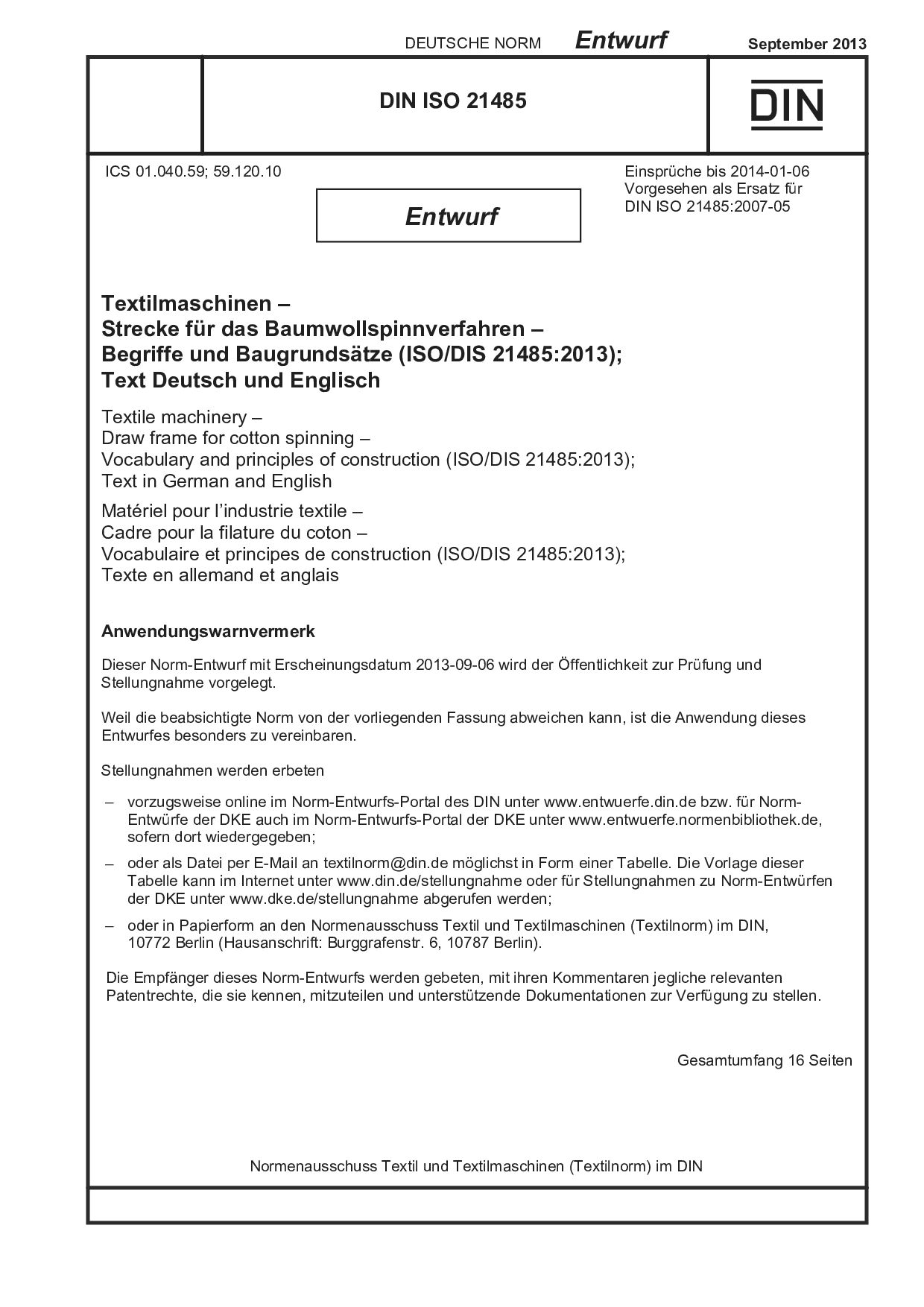 DIN ISO 21485 E:2013-09封面图