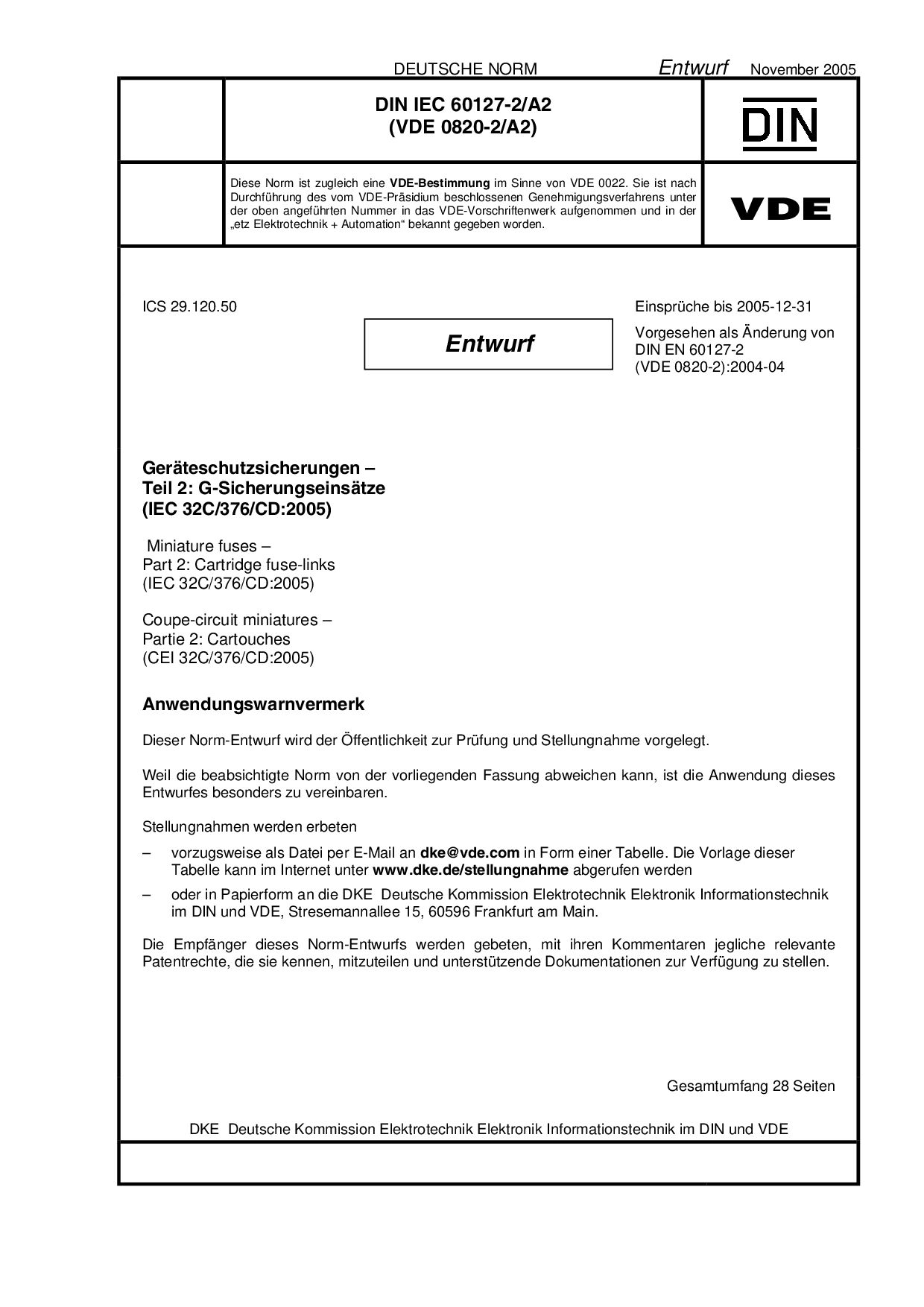 VDE 0820-2 A2 E DIN IEC 60127-2 A2:2005-11封面图