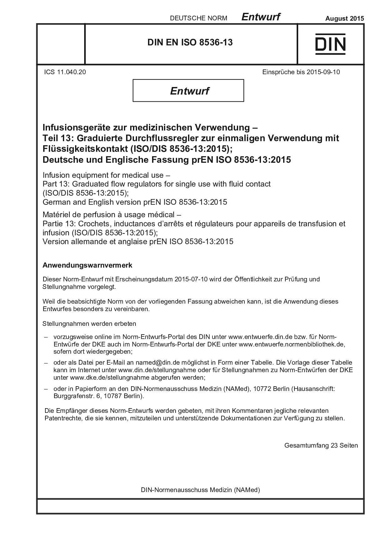 DIN EN ISO 8536-13 E:2015-08封面图