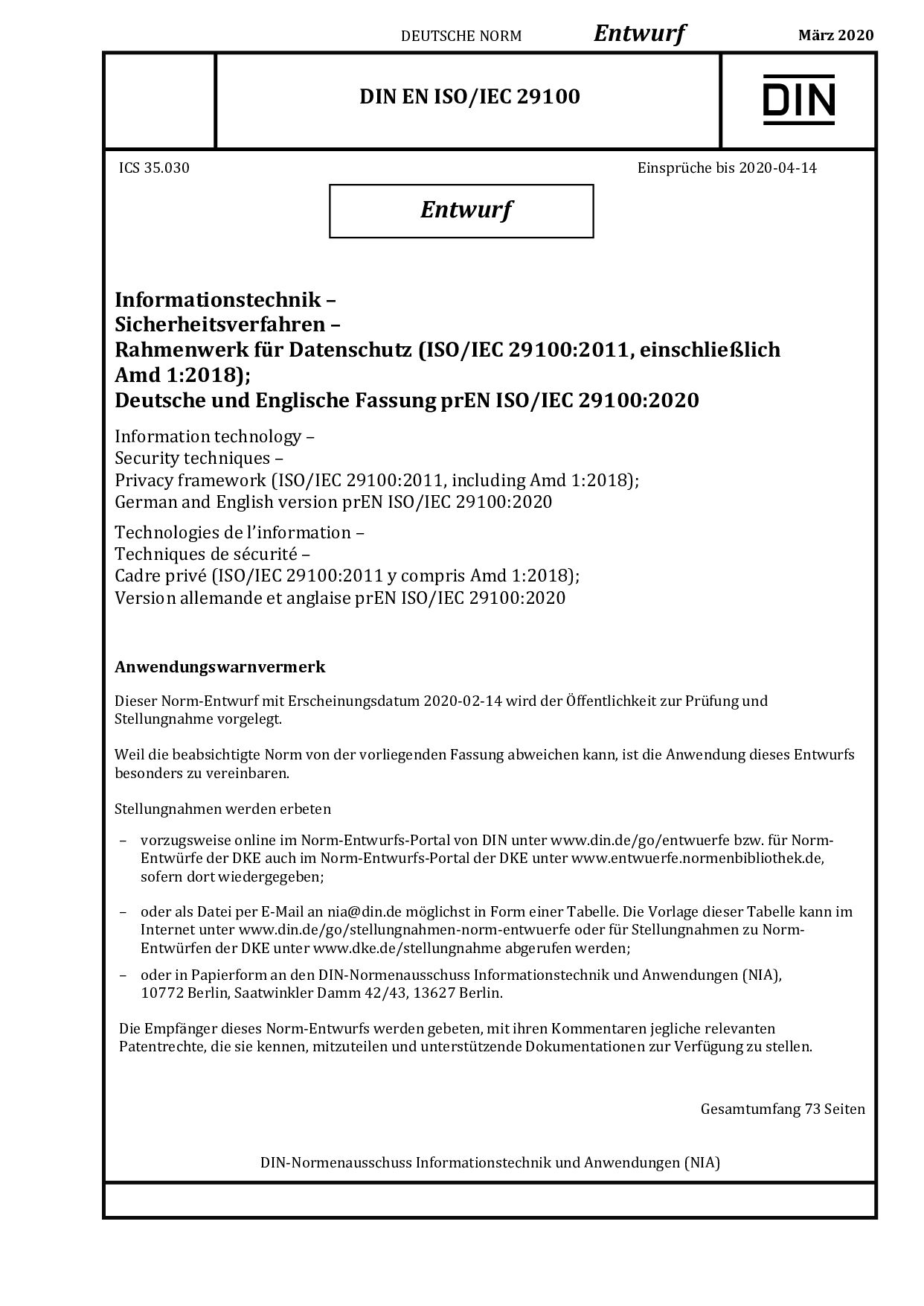 DIN EN ISO IEC 29100 E:2020-03封面图