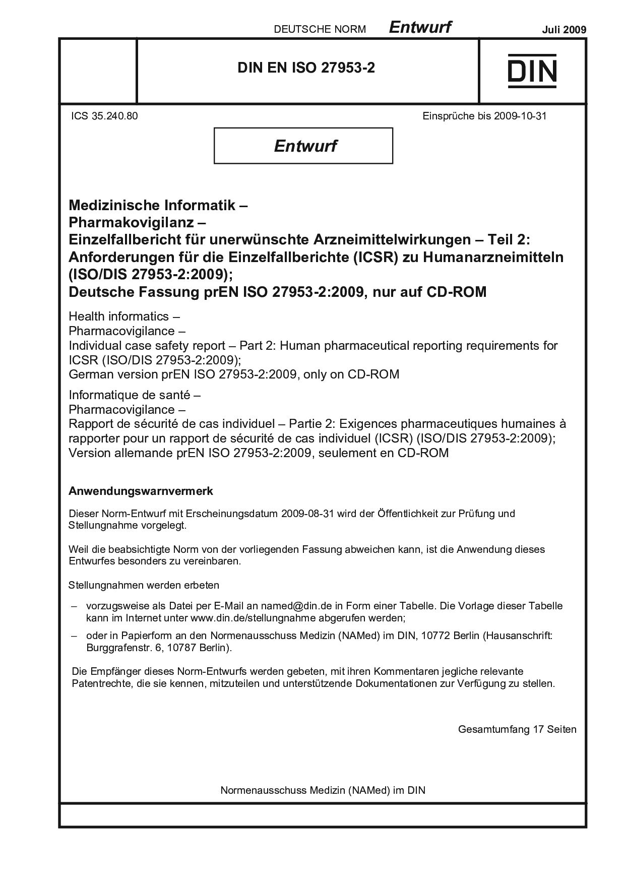 DIN EN ISO 27953-2 E:2009-07封面图