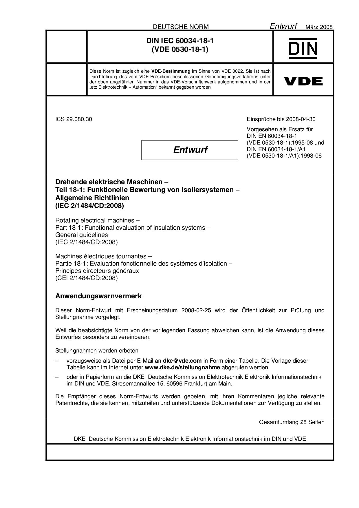 VDE 0530-18-1 E*DIN IEC 60034-18-1:2008-03封面图