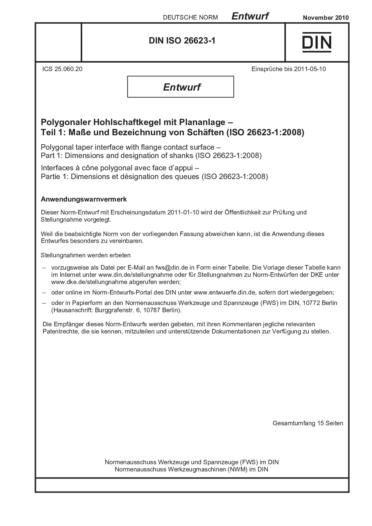 DIN ISO 26623-1 E:2010-11封面图