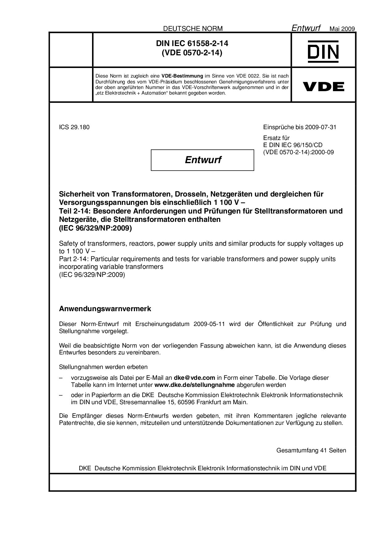 VDE 0570-2-14 E DIN IEC 61558-2-14:2009-05封面图