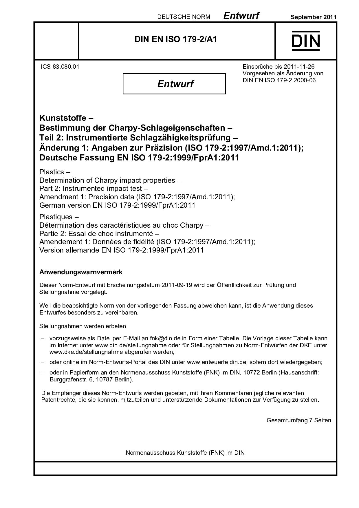 DIN EN ISO 179-2 A1 E:2011-09封面图