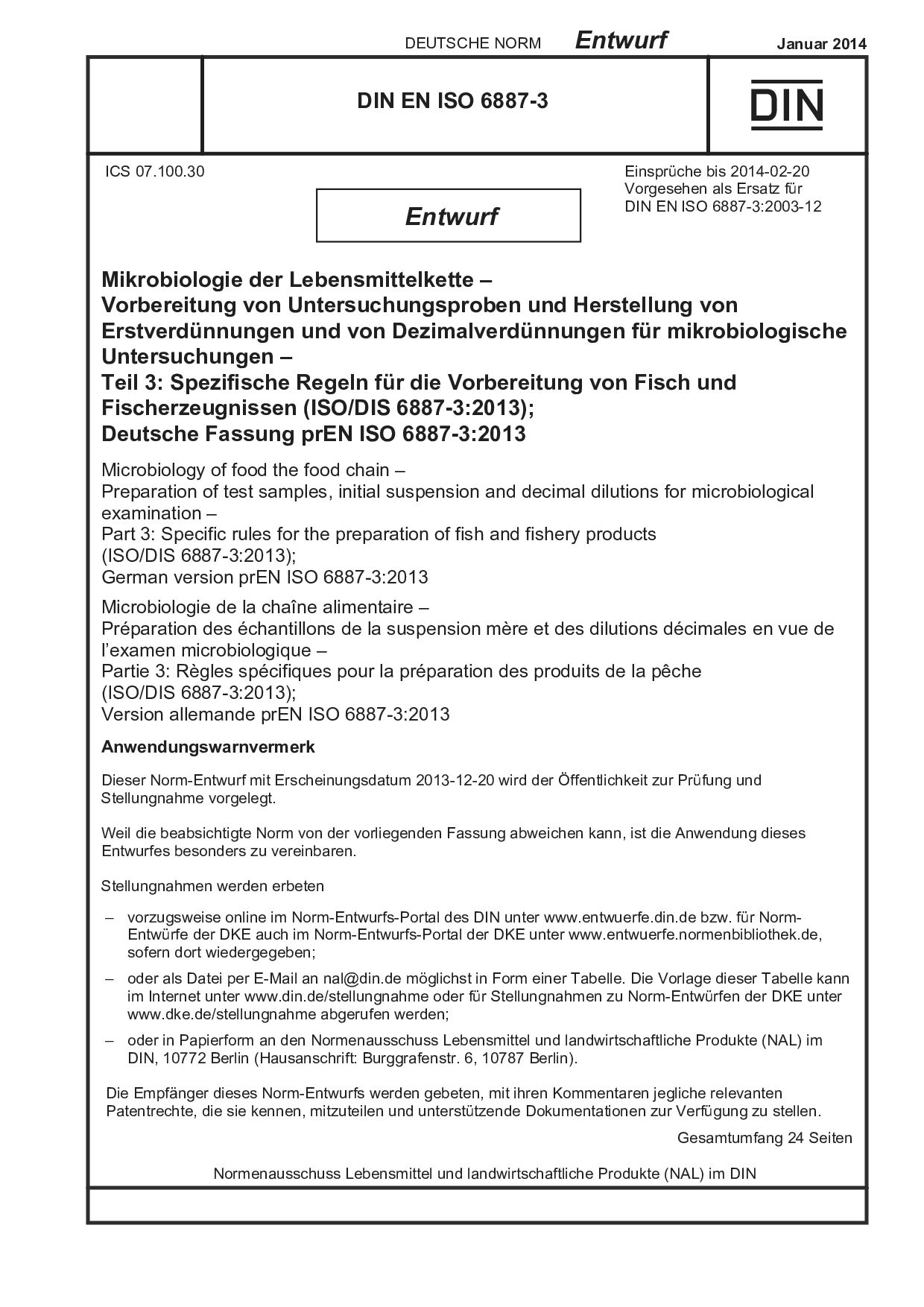 DIN EN ISO 6887-3 E:2014-01封面图