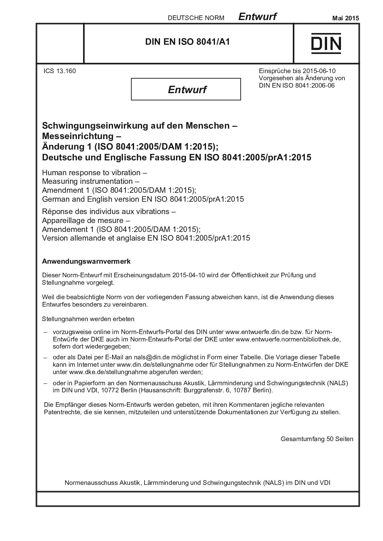 DIN EN ISO 8041 A1 E:2015-05
