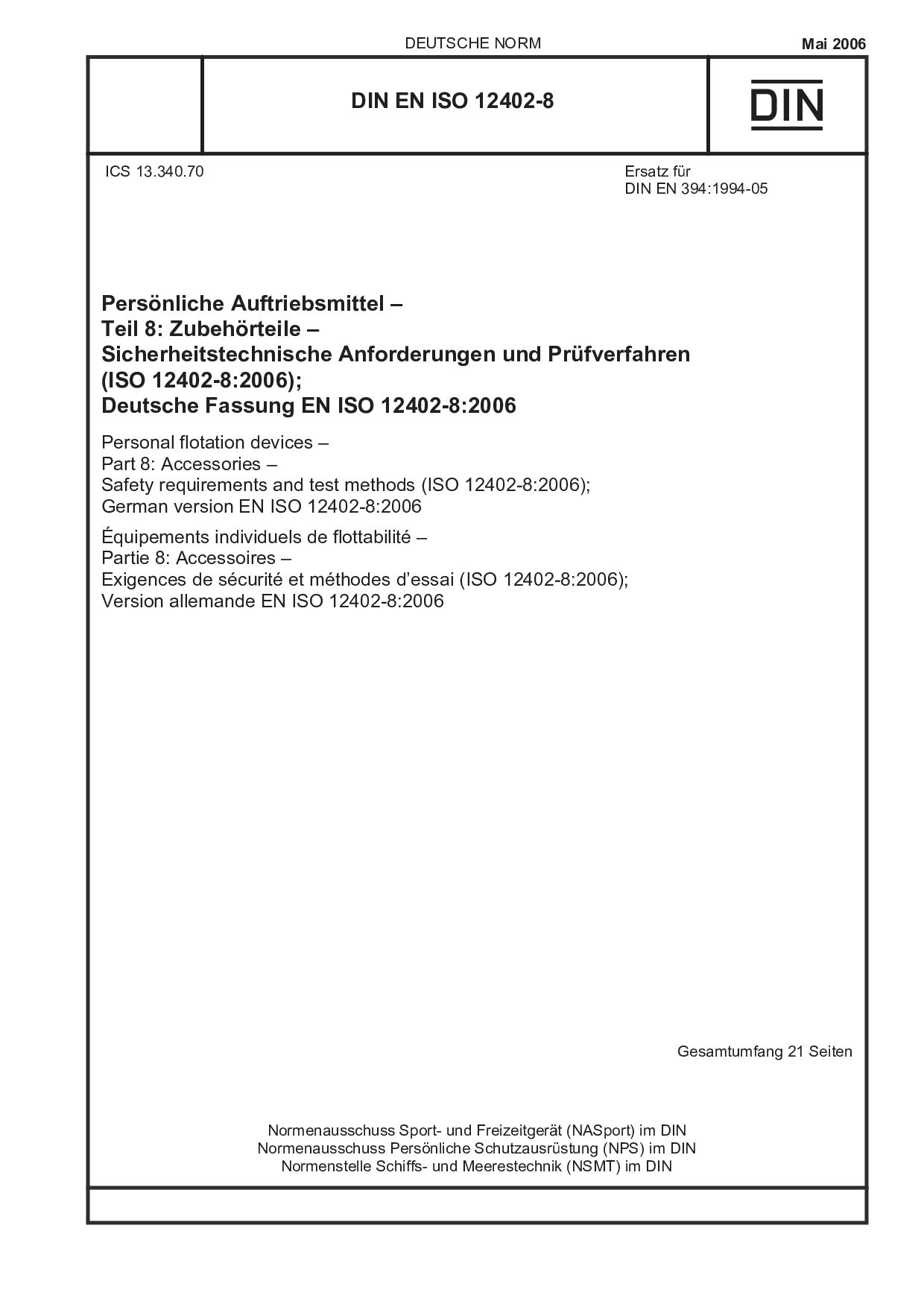 DIN EN ISO 12402-8:2006封面图