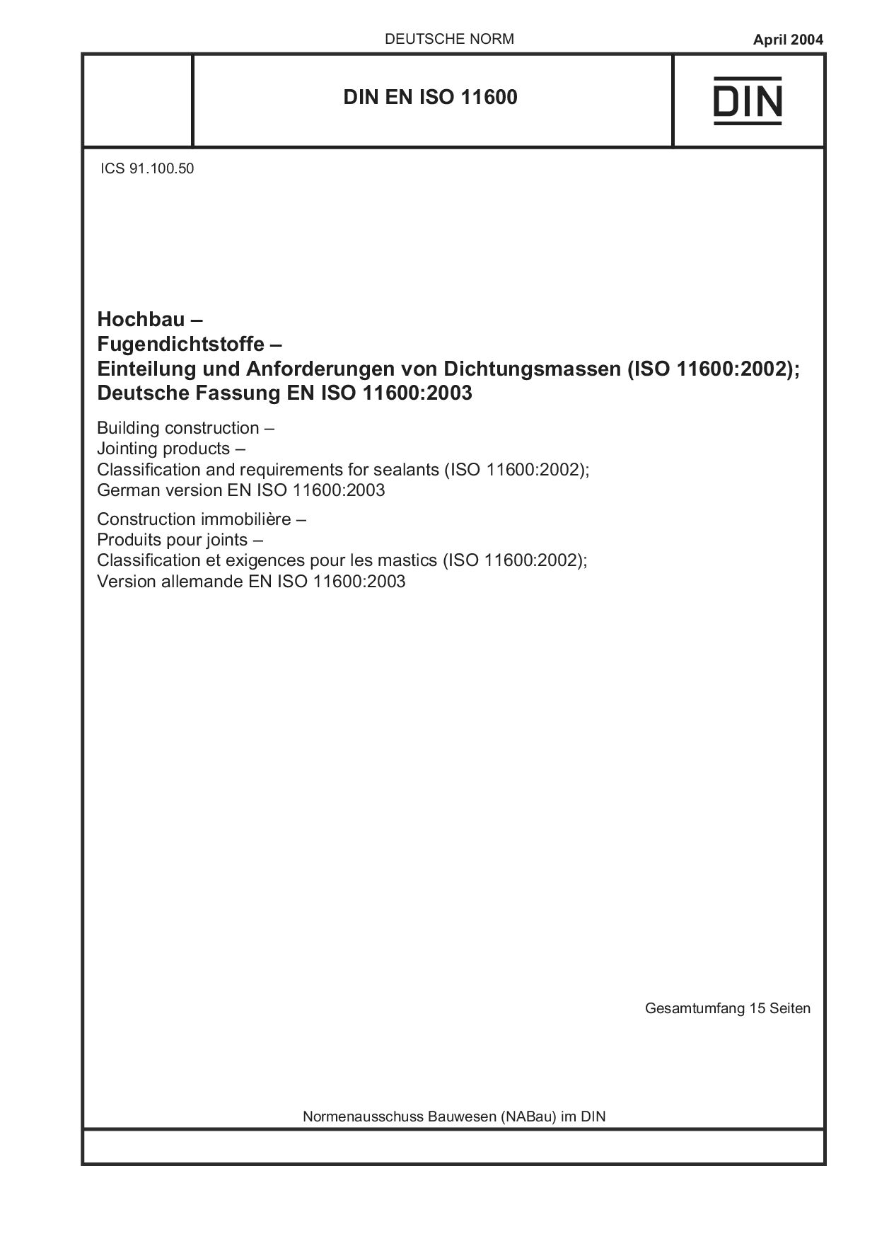 DIN EN ISO 11600:2004封面图