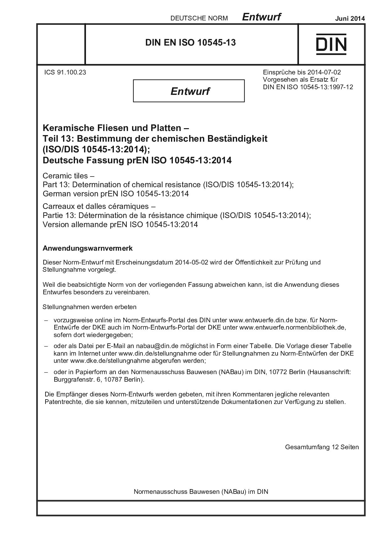DIN EN ISO 10545-13 E:2014-06封面图