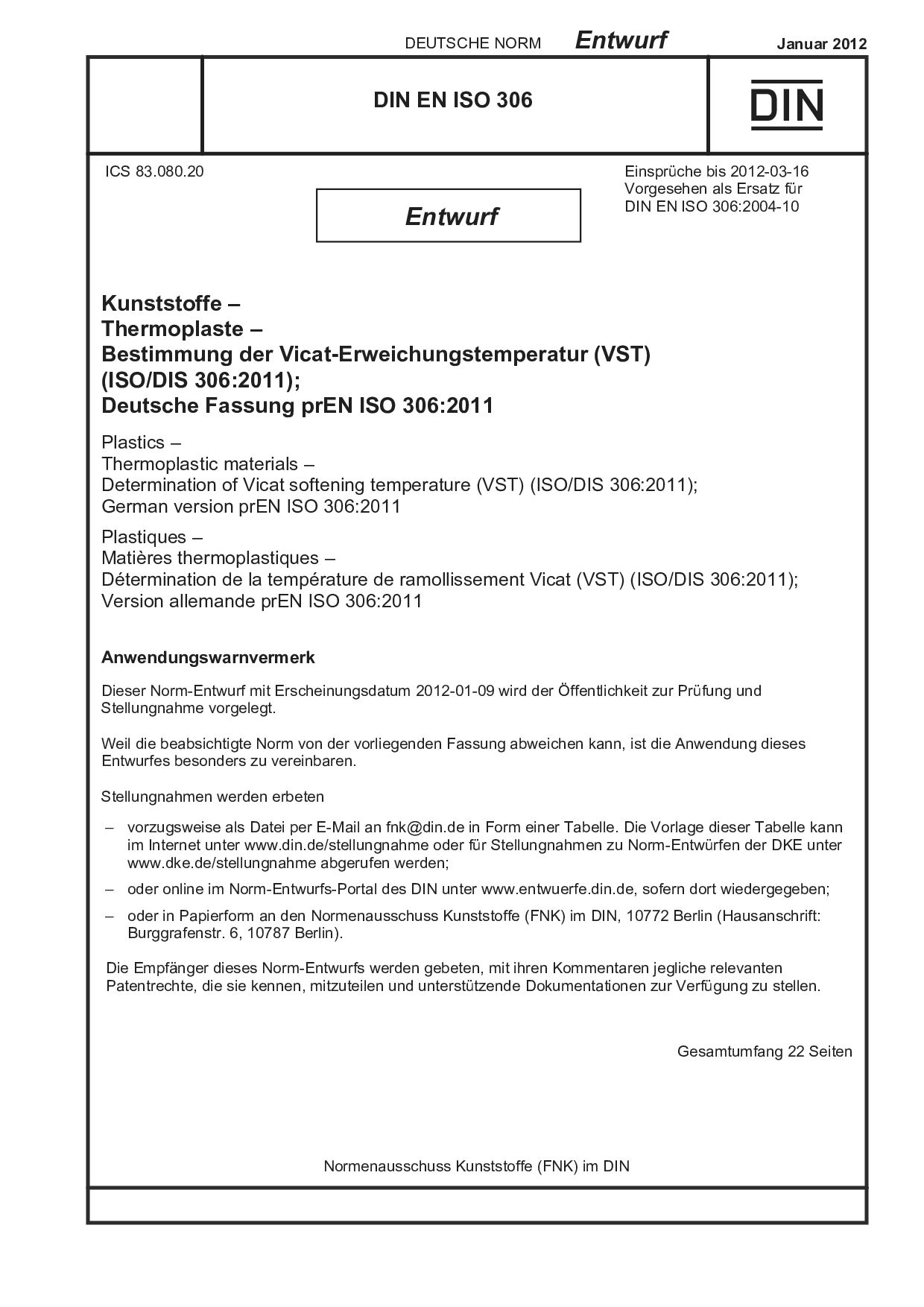DIN EN ISO 306 E:2012-01封面图