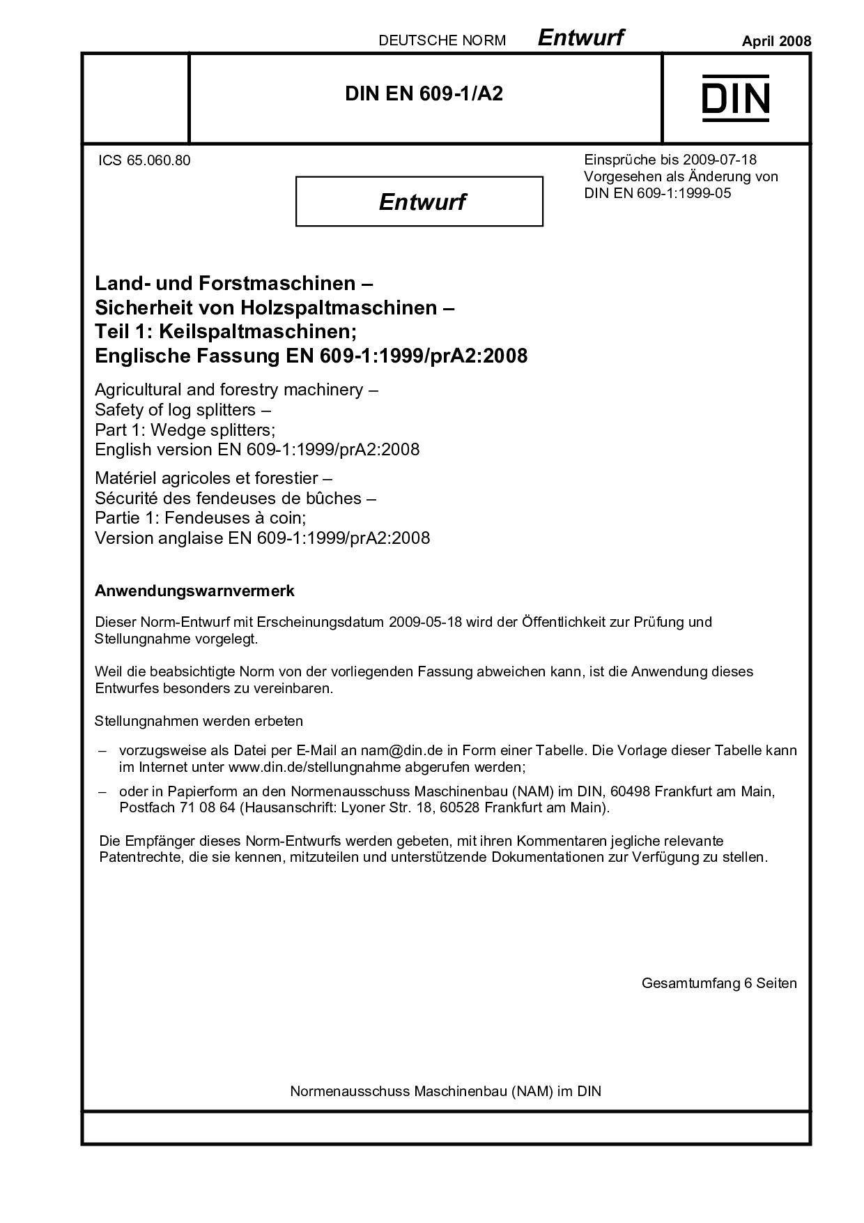 DIN EN 609-1 A2 E:2008-04封面图