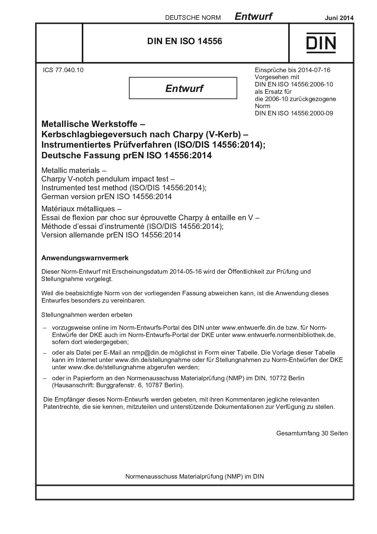 DIN EN ISO 14556 E:2014-06封面图