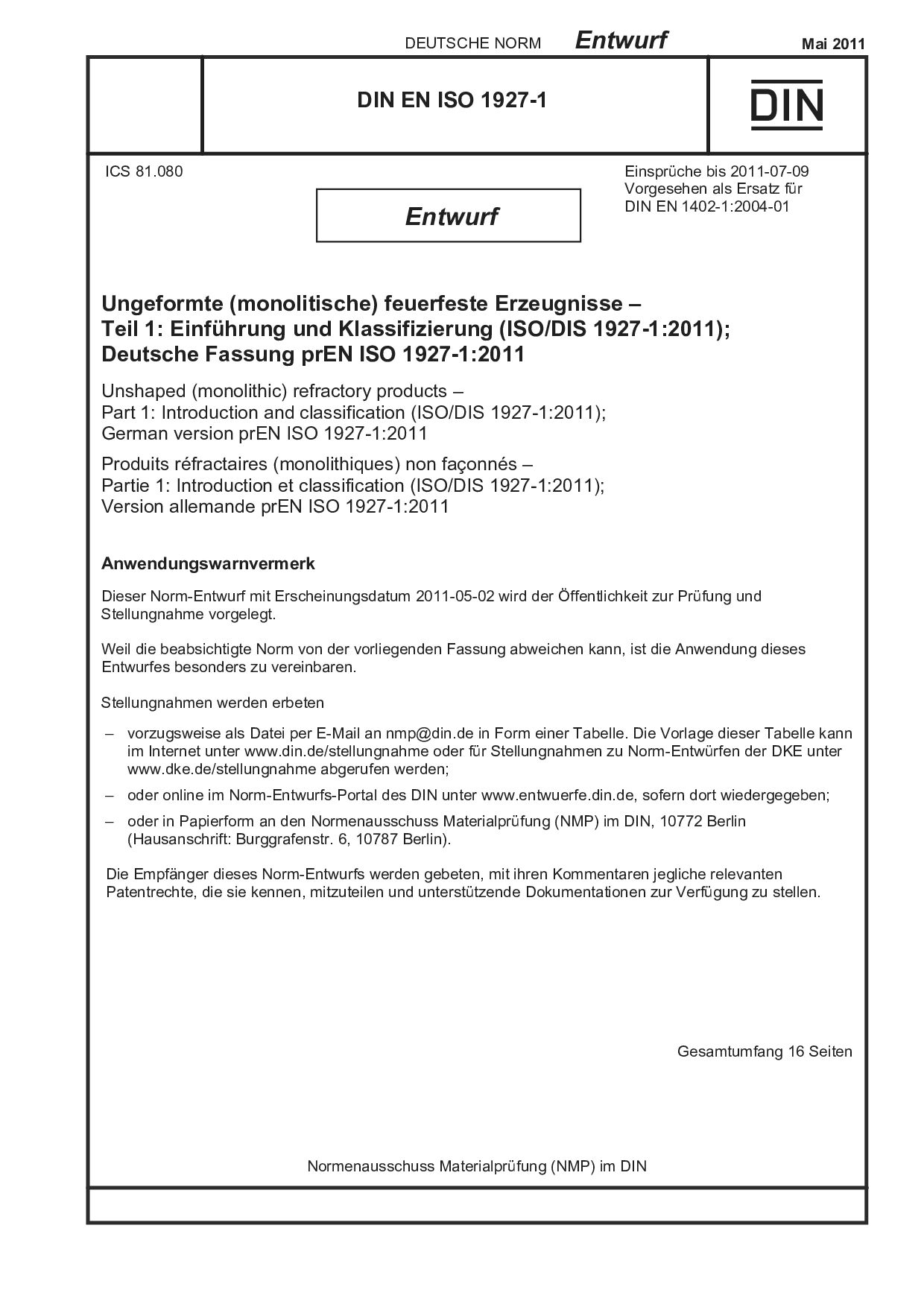 DIN EN ISO 1927-1 E:2011-05封面图
