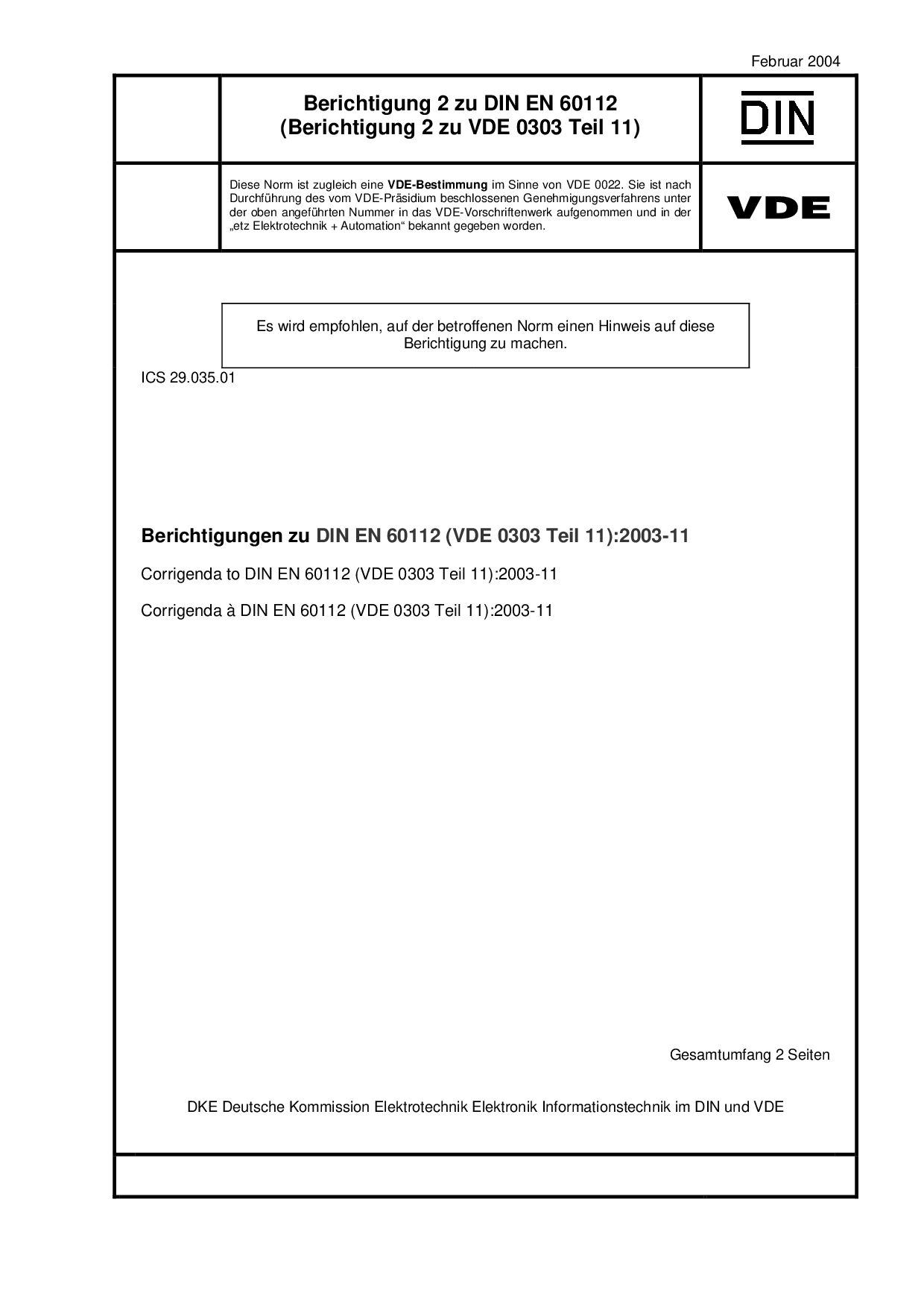 VDE 0303-11 Ber 2-2004*DIN EN 60112 Berichtigung 2:2004封面图