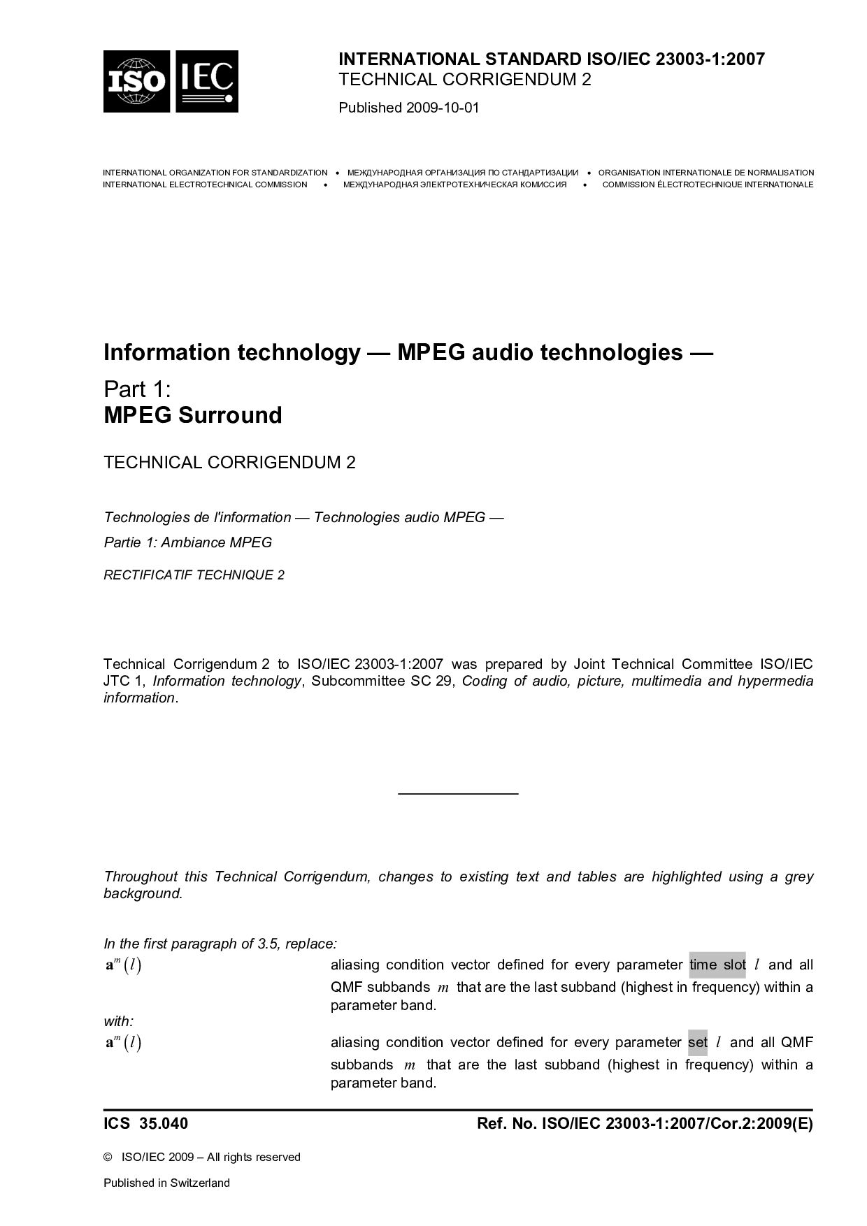 ISO/IEC 23003-1:2007/Cor 2:2009封面图
