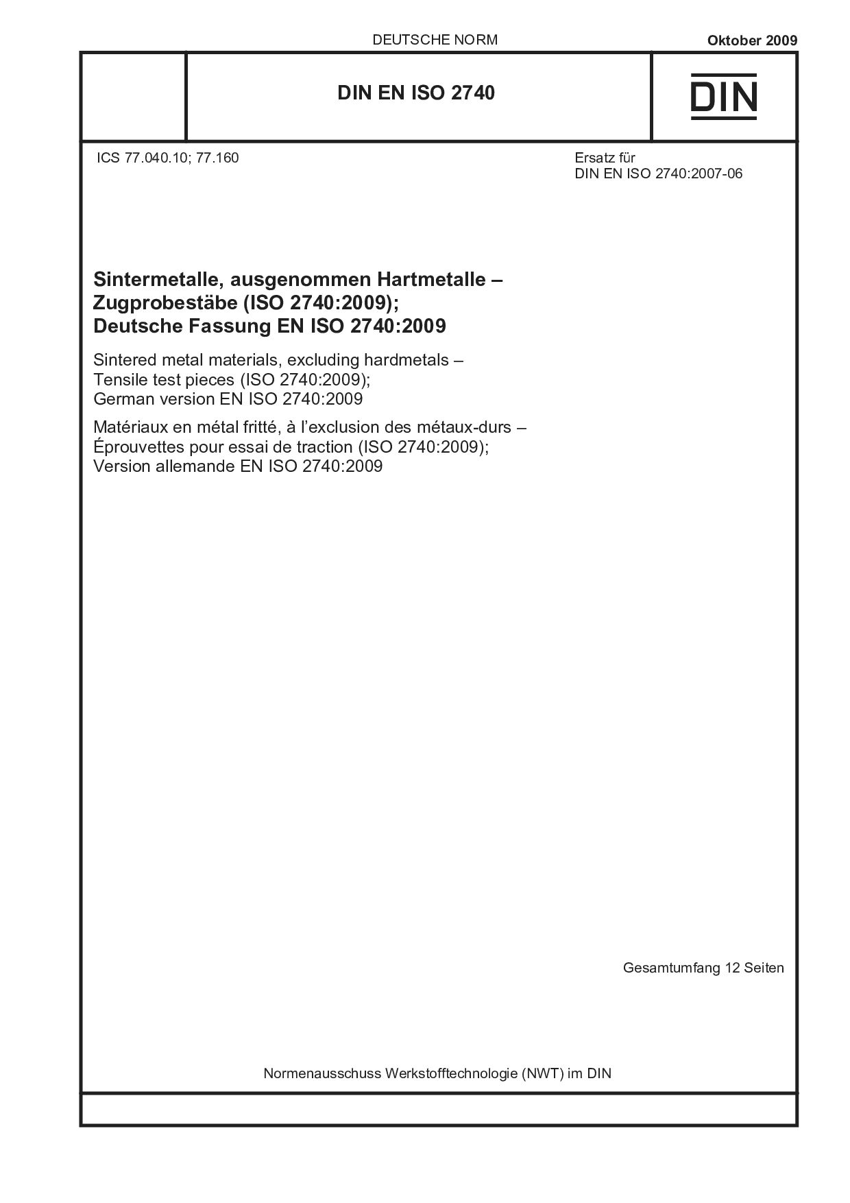 DIN EN ISO 2740:2009