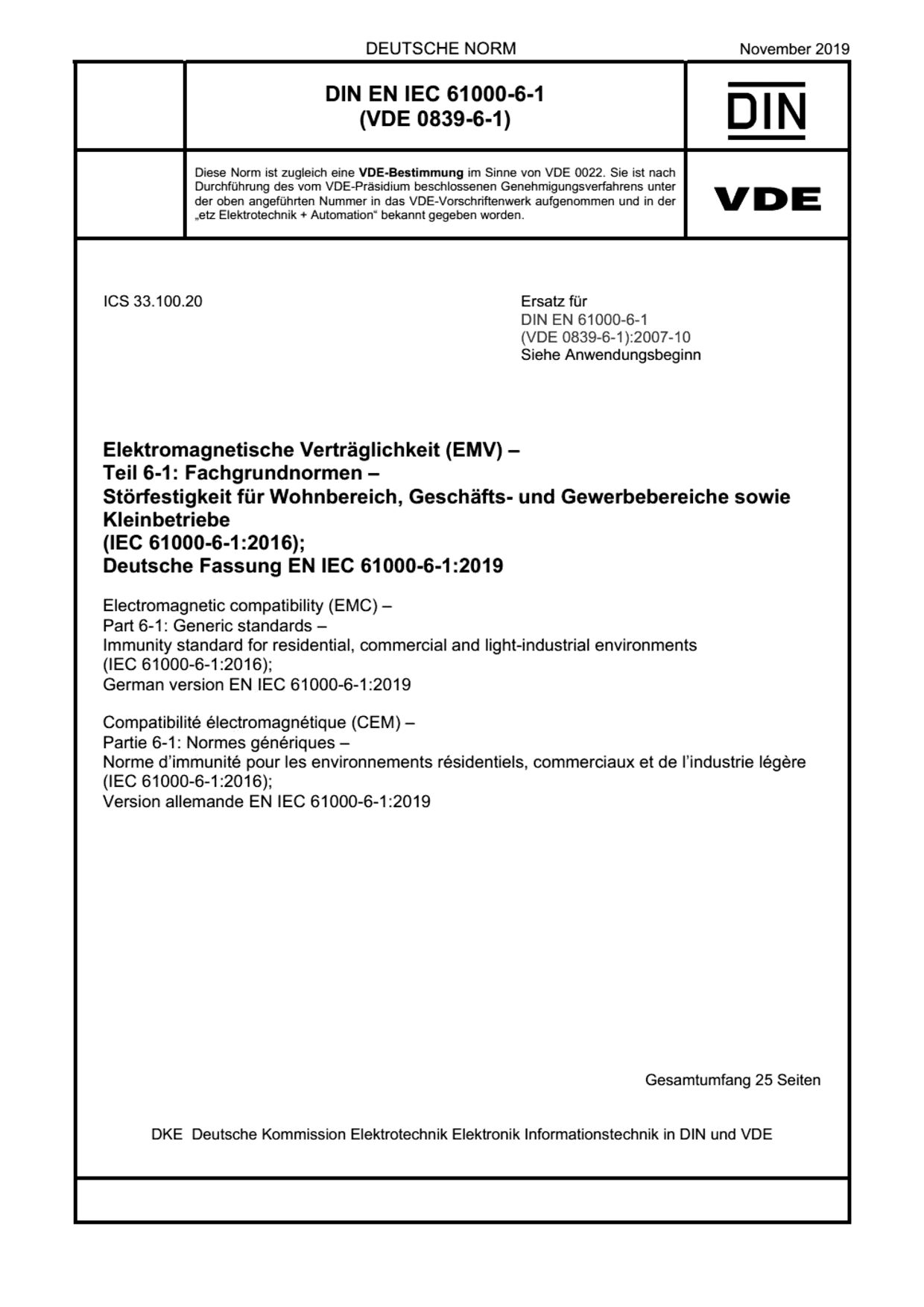 VDE 0839-6-1-2019*DIN EN IEC 61000-6-1:2019封面图