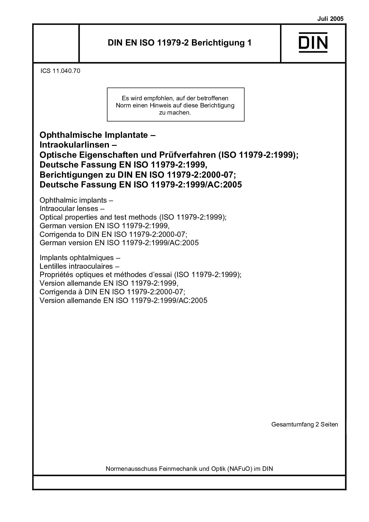 DIN EN ISO 11979-2 Berichtigung 1:2005封面图