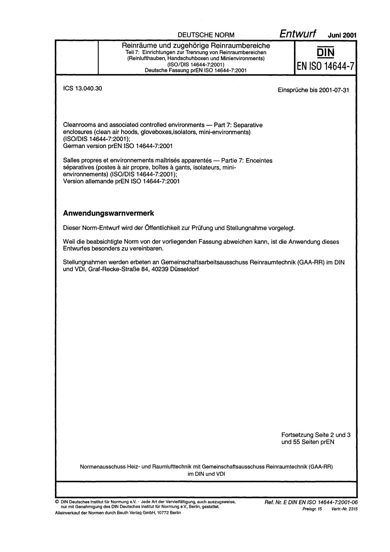 DIN EN ISO 14644-7 E:2001-06封面图