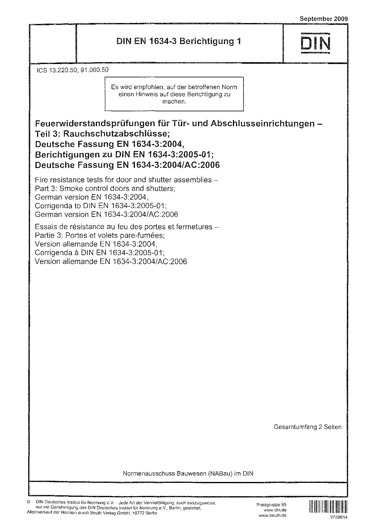 DIN EN 1634-3 Berichtigung 1:2009-09封面图
