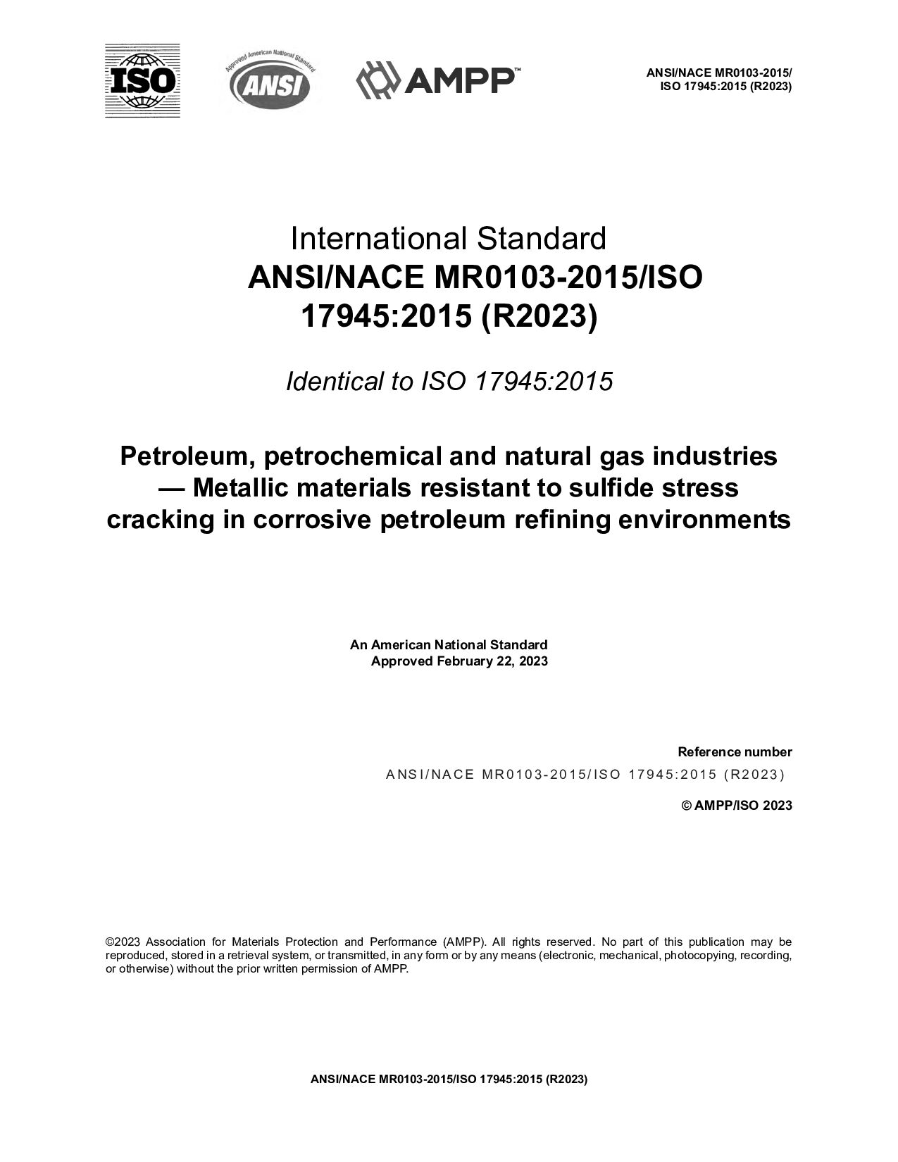 NACE MR0103-2015 (2023) ISO 17945-2015封面图