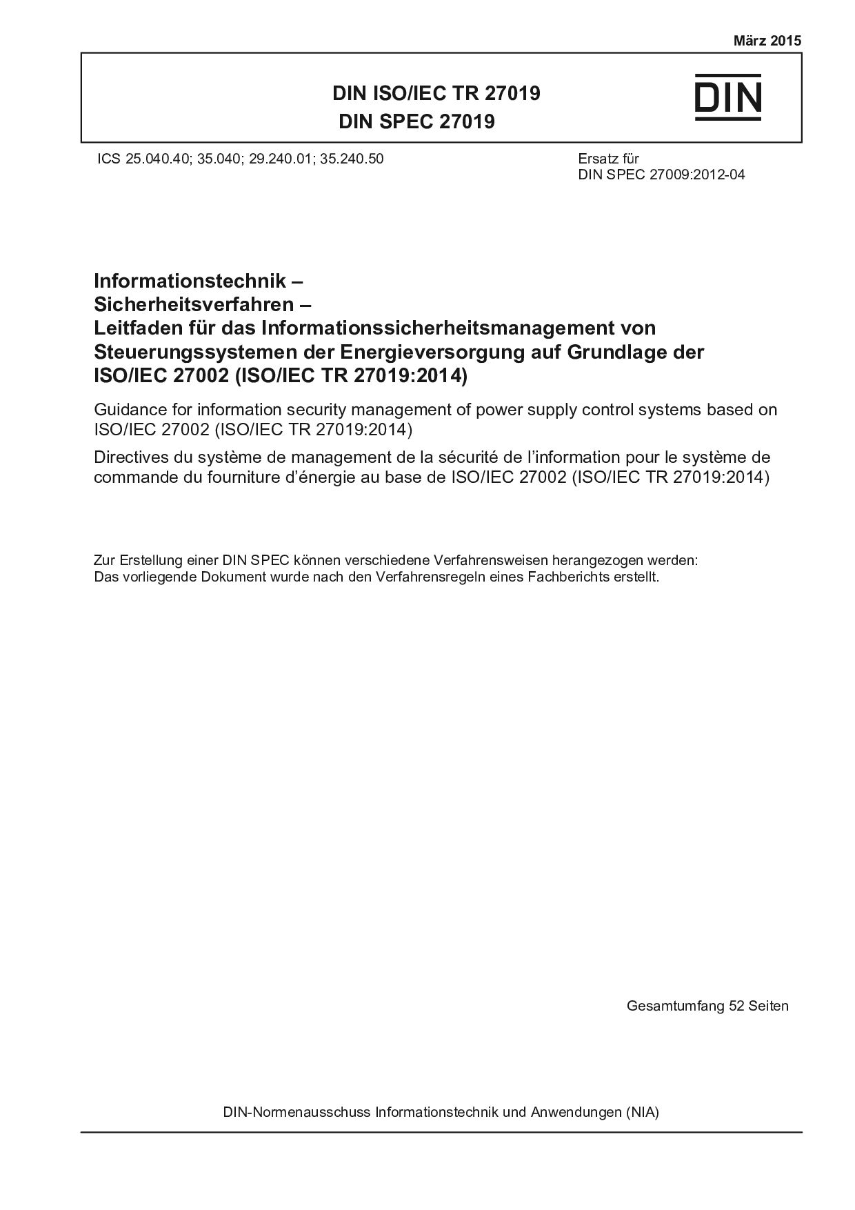 DIN ISO/IEC TR 27019 DIN SPEC 27019:2015-03封面图
