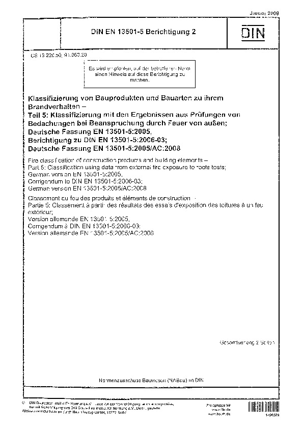DIN EN 13501-5 Berichtigung 2:2009封面图