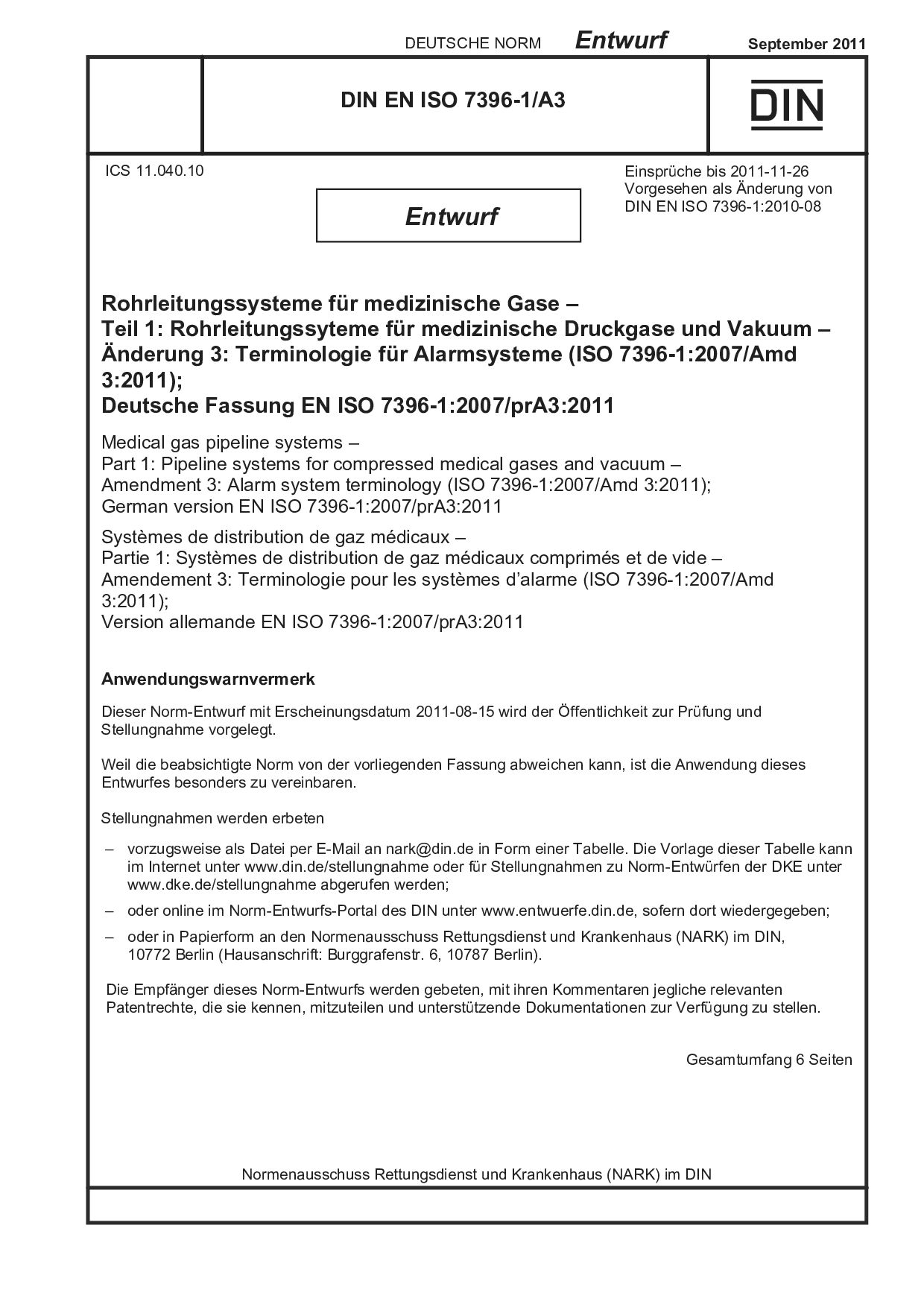 DIN EN ISO 7396-1 A3 E:2011-09封面图