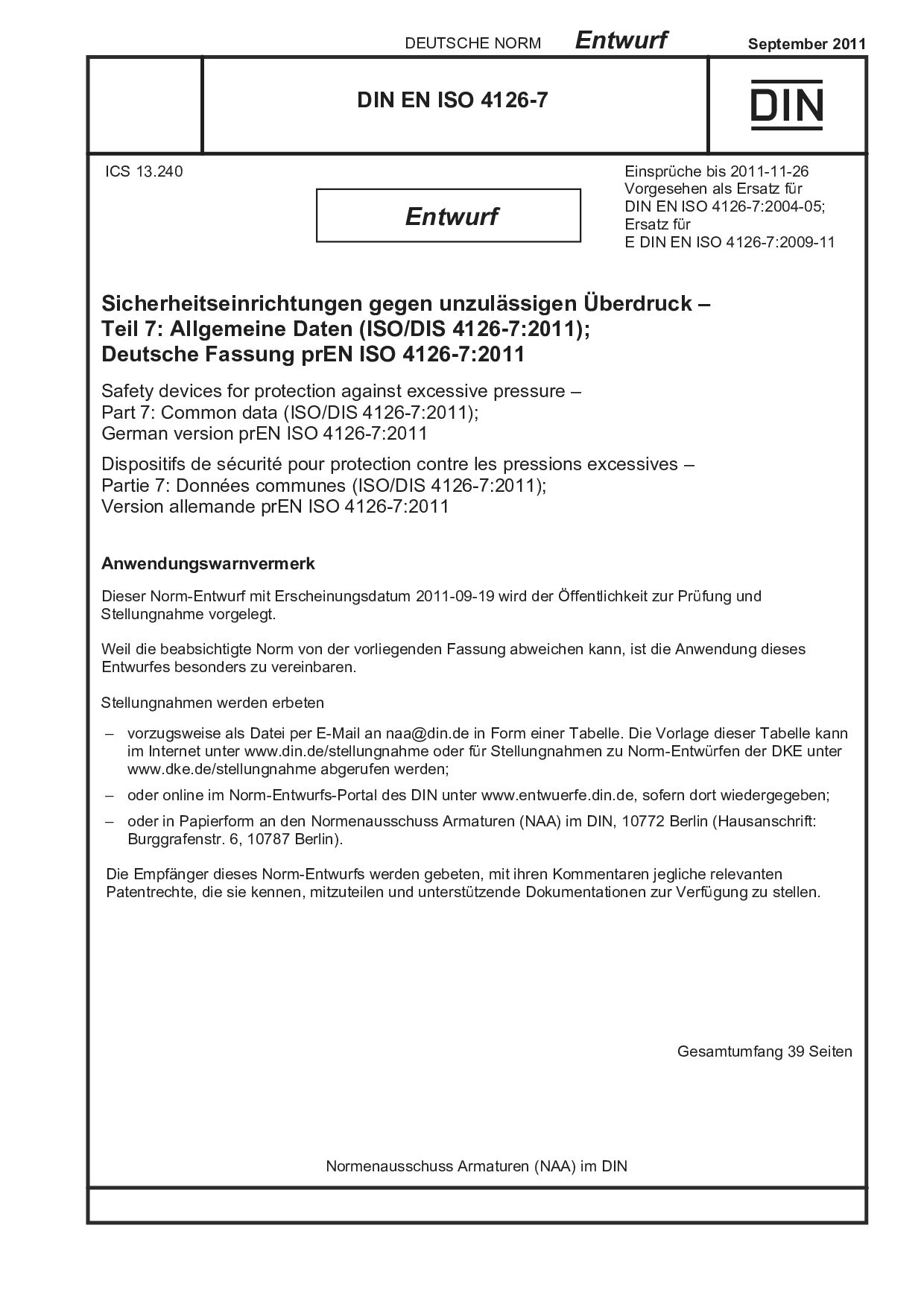 DIN EN ISO 4126-7 E:2011-09封面图
