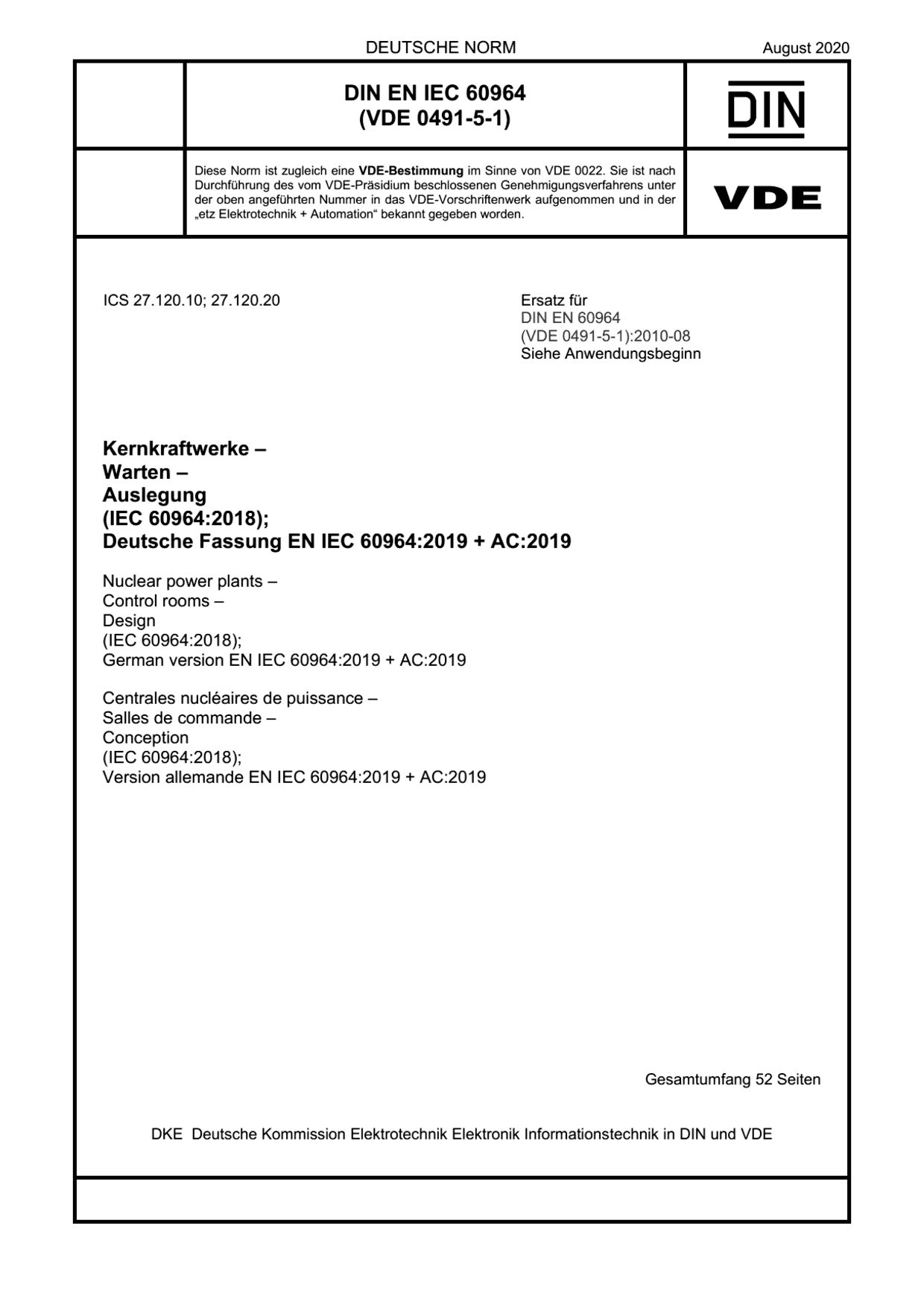 VDE 0491-5-1-2020*DIN EN IEC 60964:2020