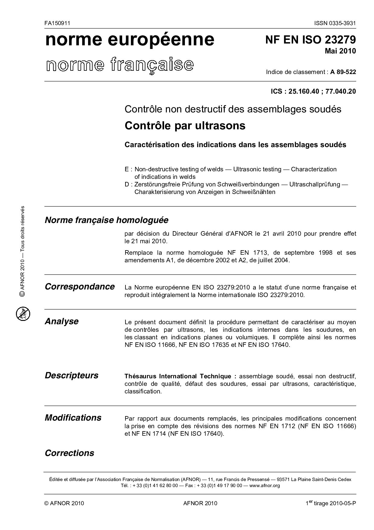 NF EN ISO 23279:2010封面图