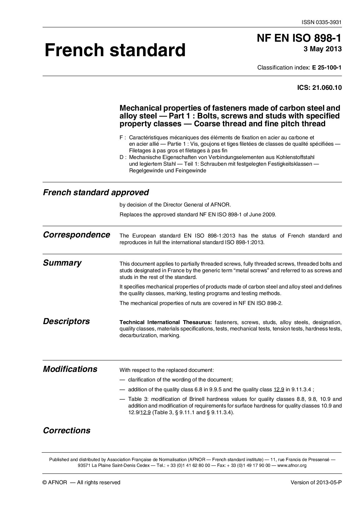 NF E25-100-1*NF EN ISO 898-1:2013封面图