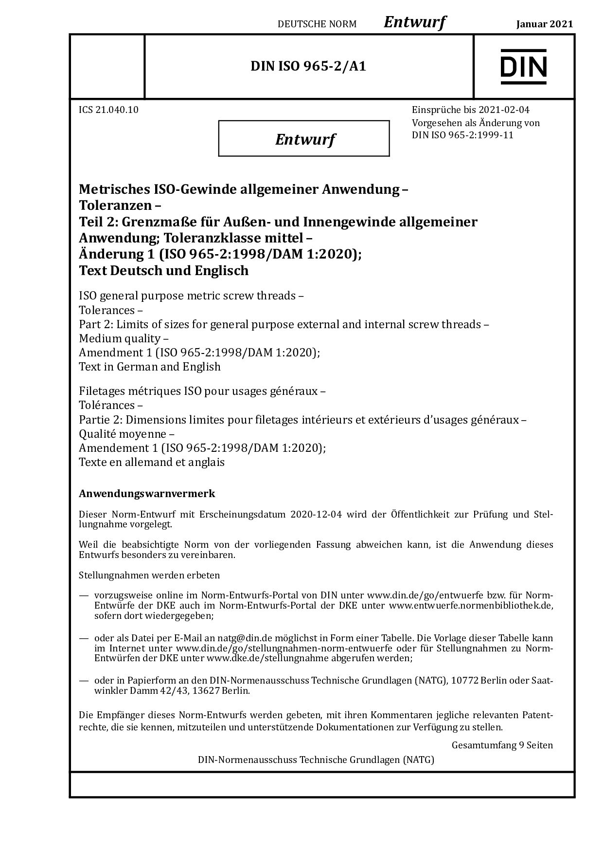 DIN ISO 965-2/A1:2021-01封面图